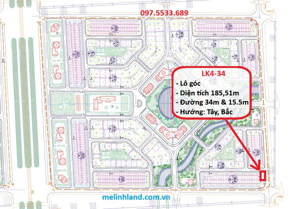 BÁN LÔ GÓC SIÊU ĐẸP 185,51M² – DỰ ÁN CIENCO 5 MÊ LINH, KHU B khu B lk4 34